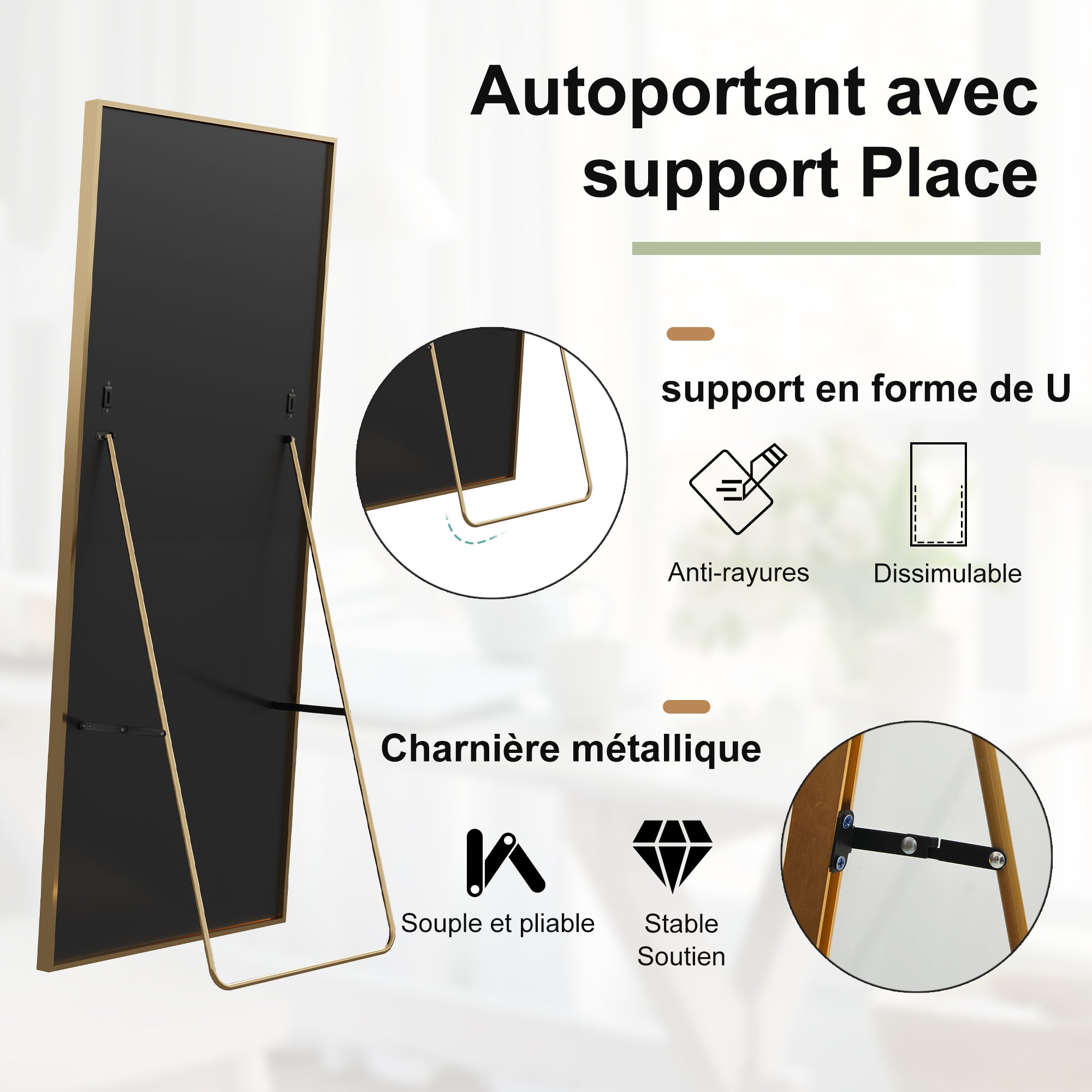 Miroir sur pied Rectangulaire 164 x 54cm, Grand Miroir Intégral avec Cadre en Alliage d’aluminium pour Chambre, Salon, À suspendre ou s'appuyer, Doré - 7