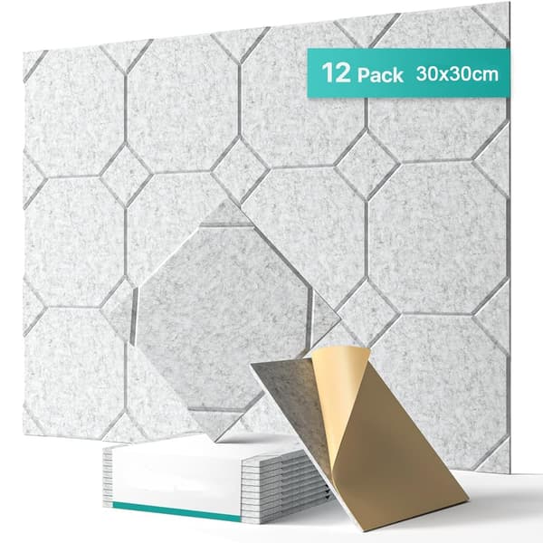 Zestaw 12 samoprzylepnych paneli dźwiękochłonnych, panele ścienne dźwiękochłonne o wysokiej gęstości, wygłuszenie z poliestru, 30 x 30 x 1 cm
