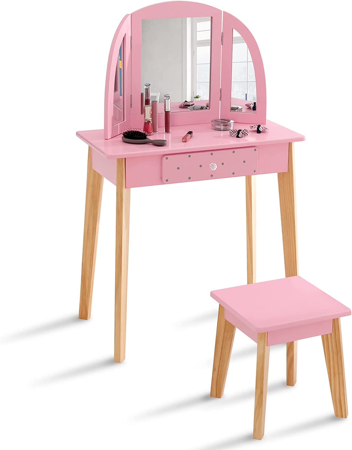 IDMarket Coiffeuse Enfant Roza Blanche Rose Avec 3 Miroirs Et Tabouret