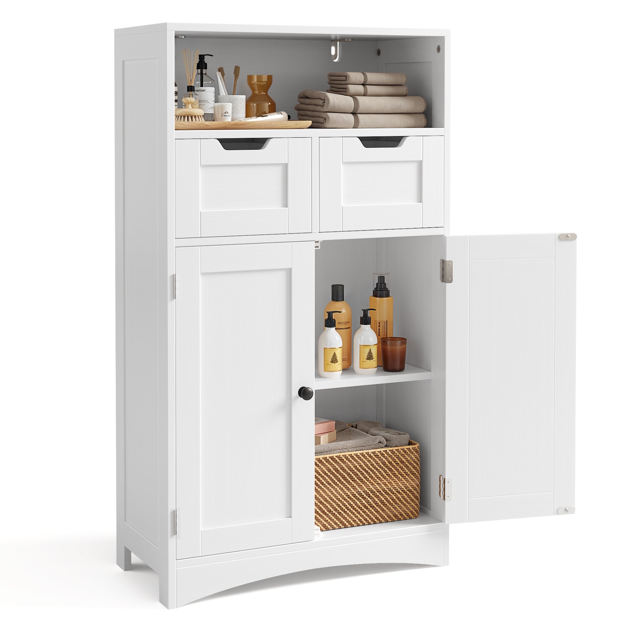 Szafka Przechowywanie Łazienka 2 Szuflady 2 Drzwi Półka Regulowana 60x30x108 cm Biały Bealife