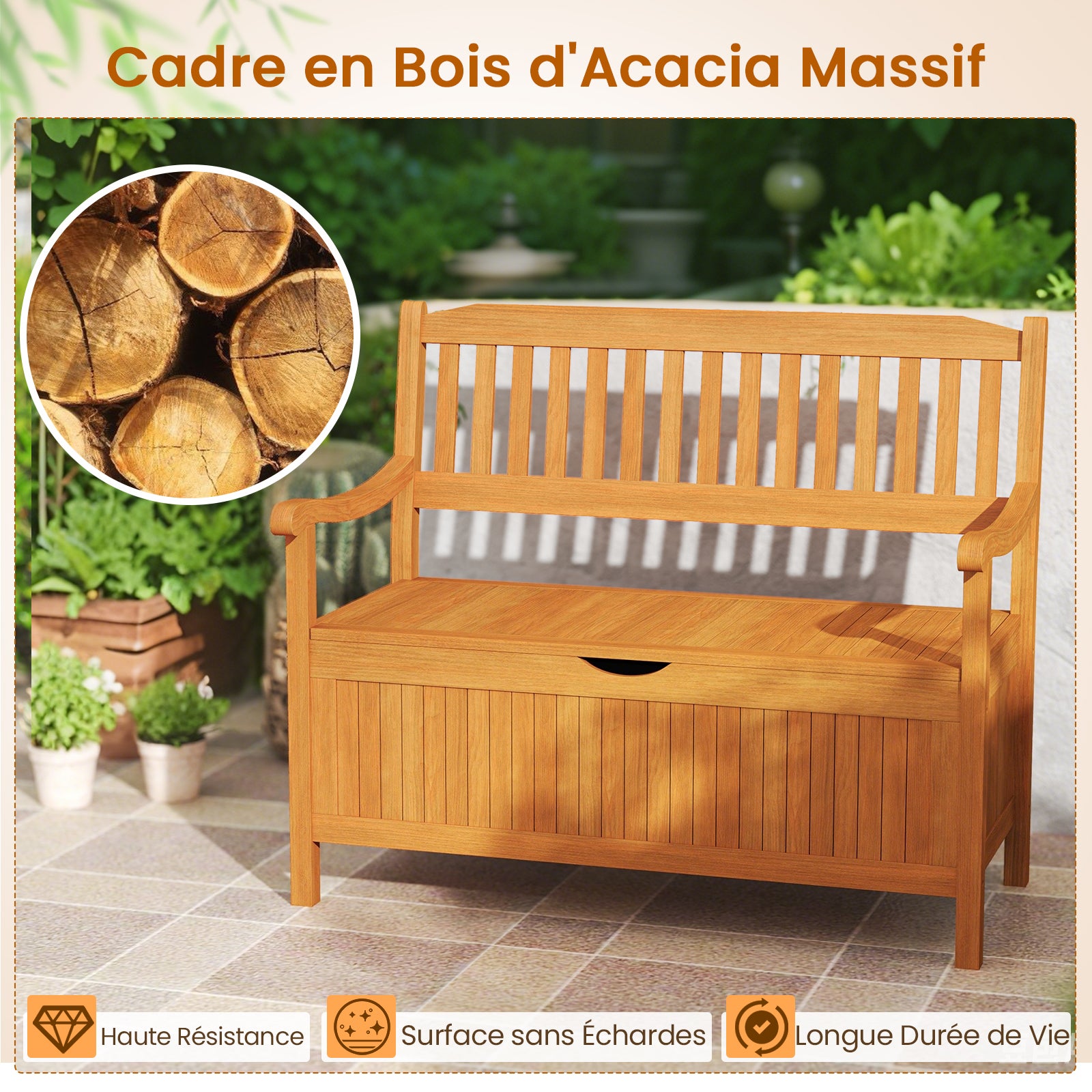 Banc de Jardin en Bois d'Acacia 107 x 59 x 90cm, Banc Coffre Extérieur 2 Places avec Boîte de Rangement, Coffre Jardin 125L, Charge Max 360 kg - 4