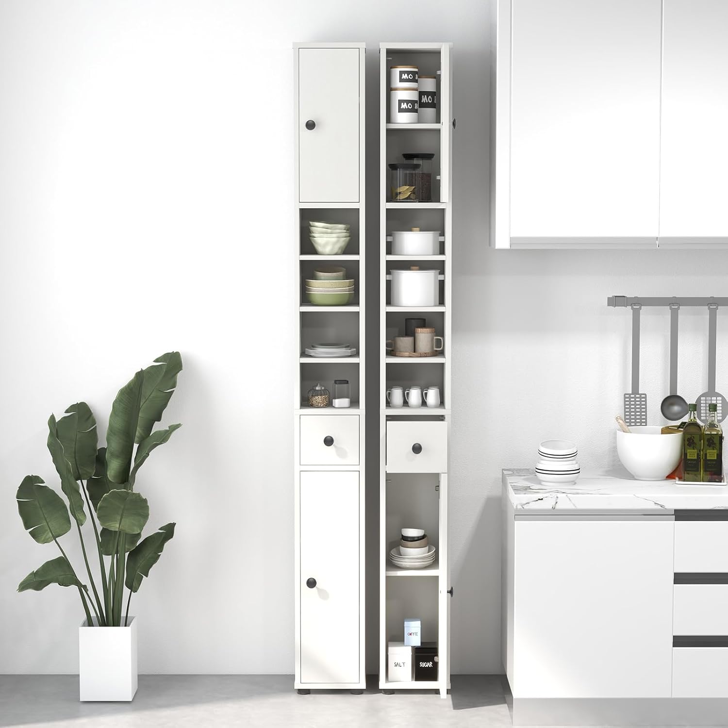 Meuble Colonne Salle de Bain, Meuble de Rangement avec 2 Placards à Porte, 1 Tiroir et 5 Étagères Réglables, 20 x 20 x 180 cm, Blanc Cérusé - 5