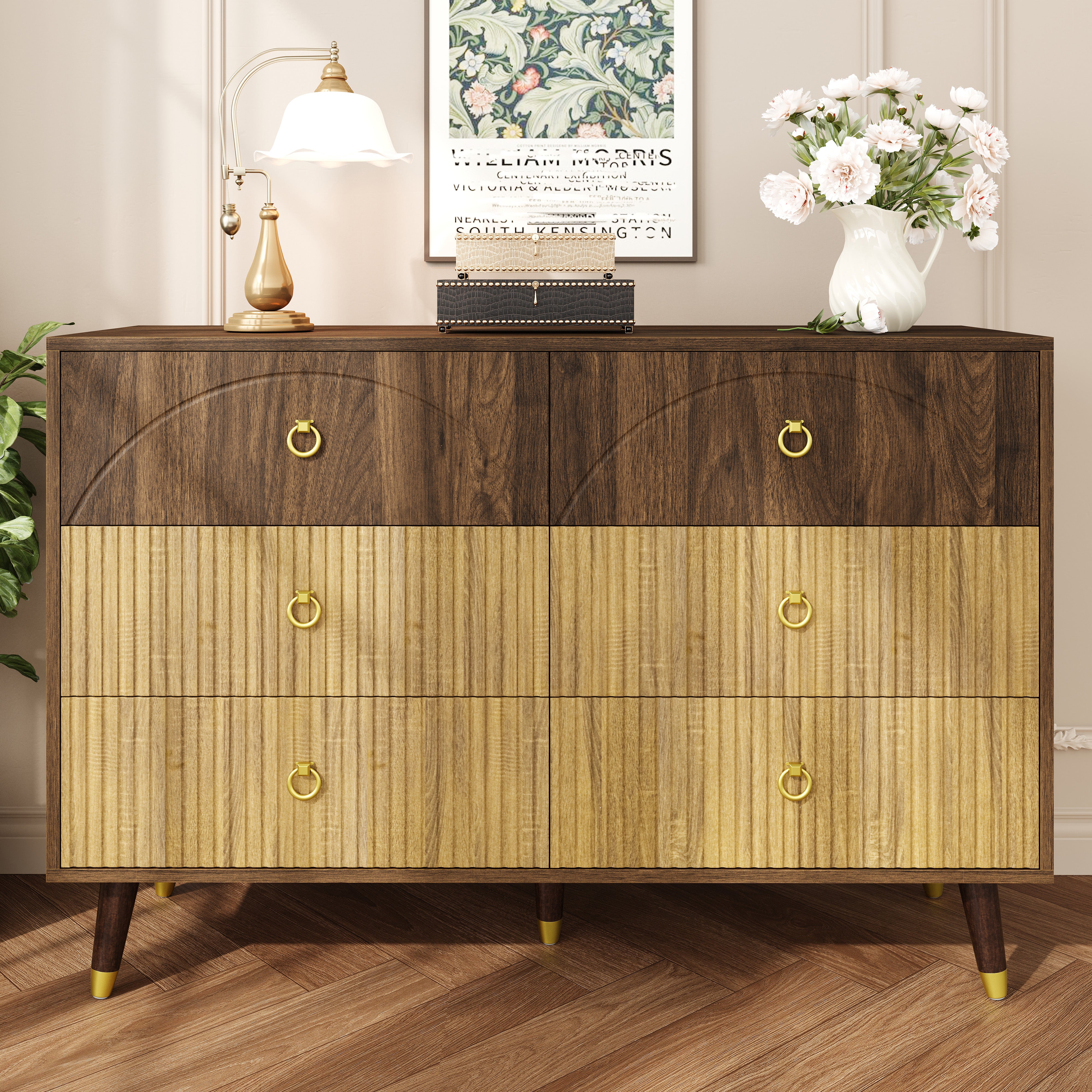 Komoda niska z 6 szufladami - 120 x 40 x 81 cm - Płyta wiórowa + MDF - Naturalna