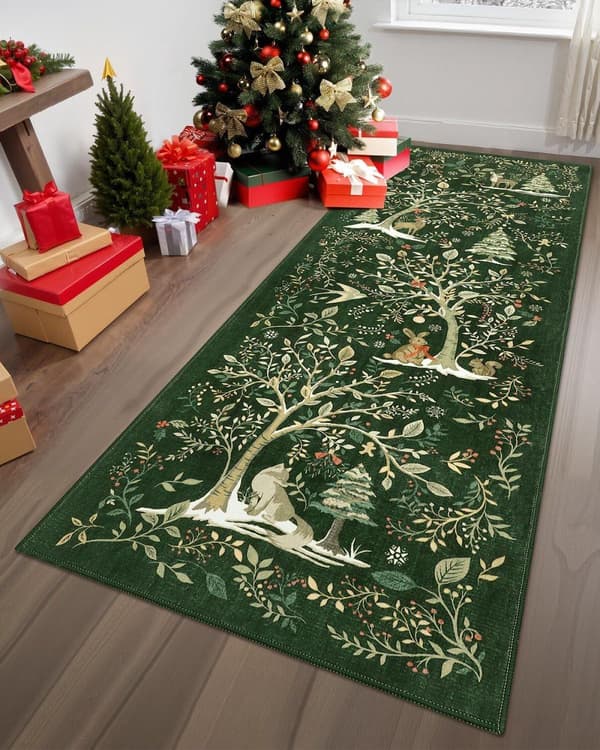 Alfombra navideña de pasillo/recibidor con estampado de bosque, con base de goma, antideslizante,, para el recibidor y el dormitorio, 80 x 160 cm