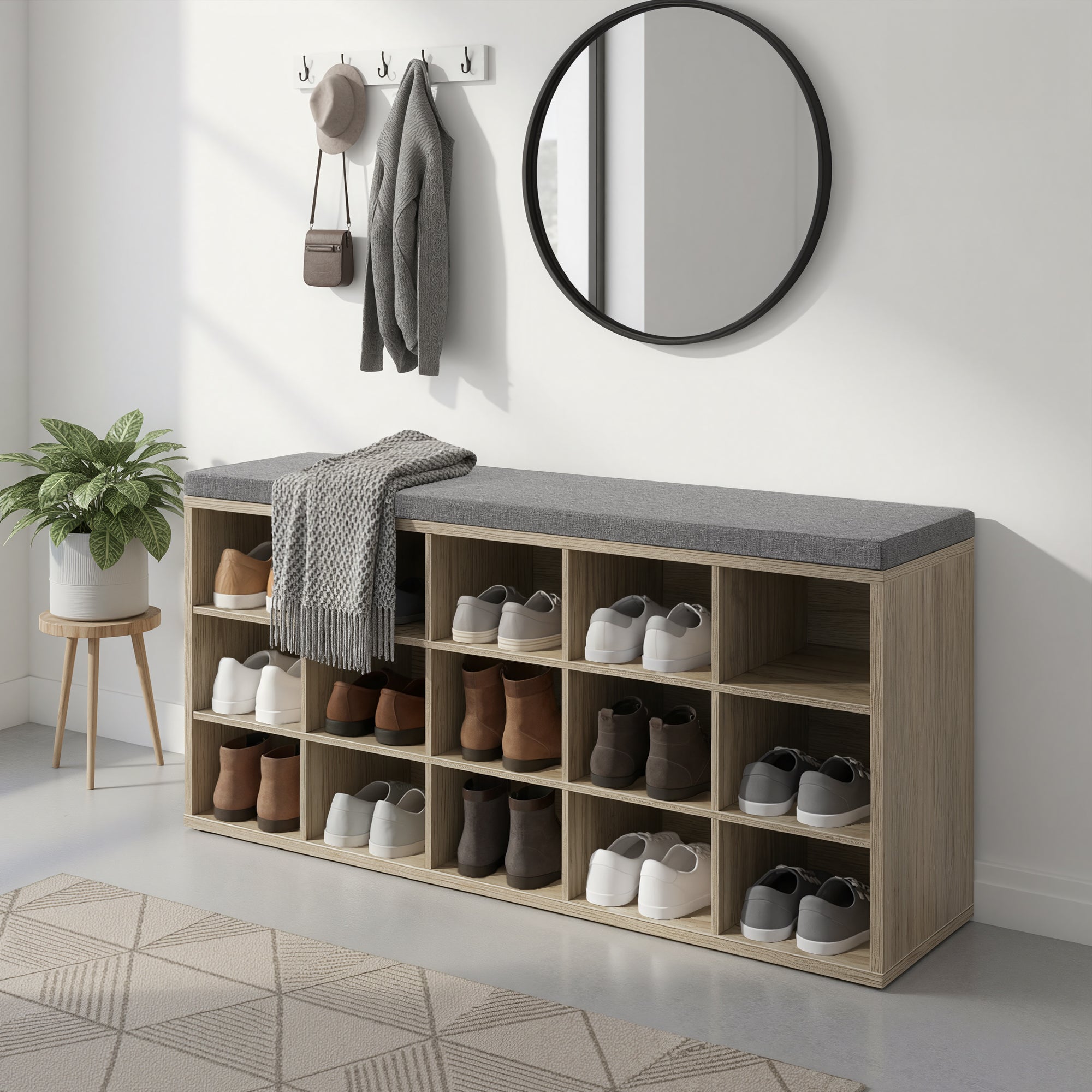 Banc à Chaussures, Banc de Rangement avec Siège Rembourré, 15 Compartiments, Étagères Réglables, pour Salon, Couloir, Couleur Chêne - 3