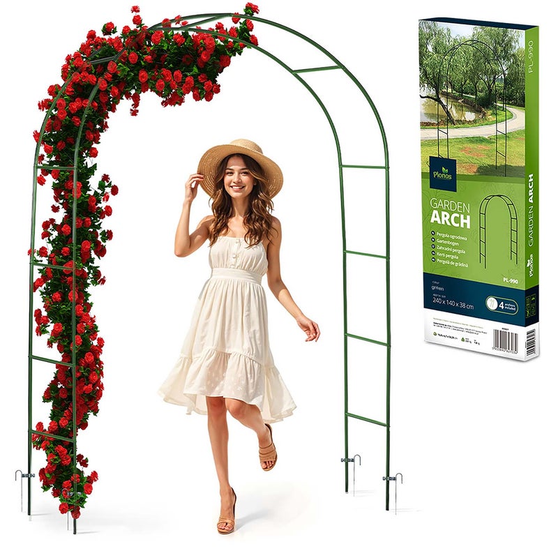 Pergola ogrodowa metalowa zielona łuk na kwiaty róże 240x140cm + kotwy Plonos