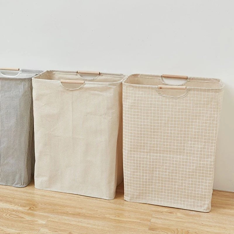 Panier à linge en coton et lin, panier à linge sale à rayures verticales, sac de rangement pliable pour articles divers, 40 x 27 x 56 cm - 7