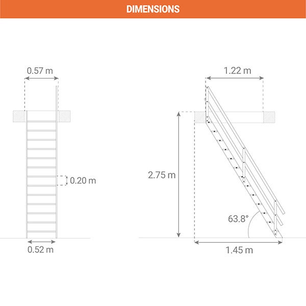 Escalier bois 13 marches - Hauteur à franchir 2.75m - Rampe à gauche - Largeur 0,53m - COTTAGE-P-275-MCG - 2