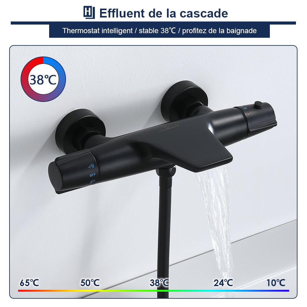 Colonne de Douche Thermostatique Noir Ensemble de Douche Robinet Cascade pour Baignoire Laiton Set de Douche Hauteur Réglable - 2