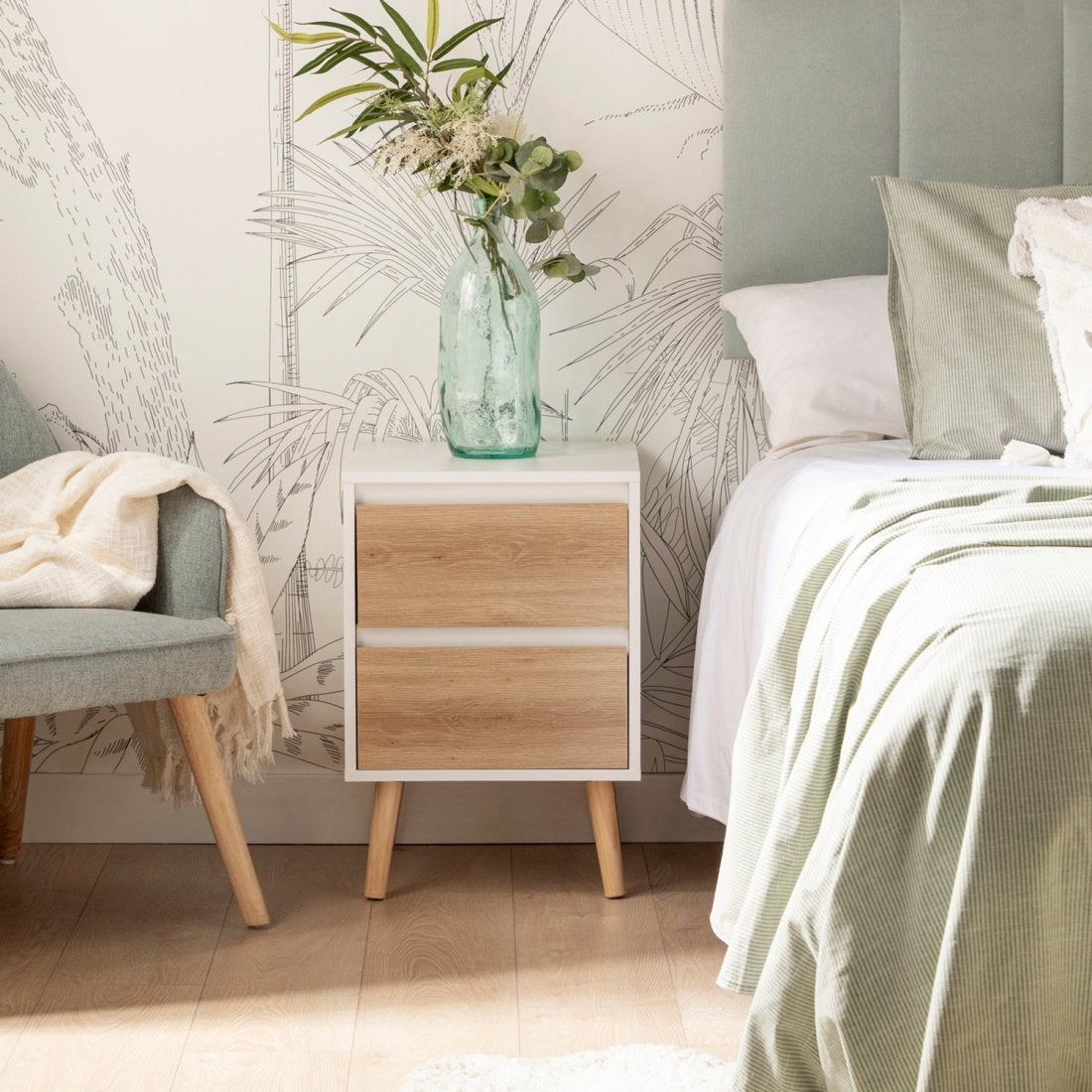 Pack 2 mesitas de noche efecto madera blanco-natural 40 x 59 cm - 5