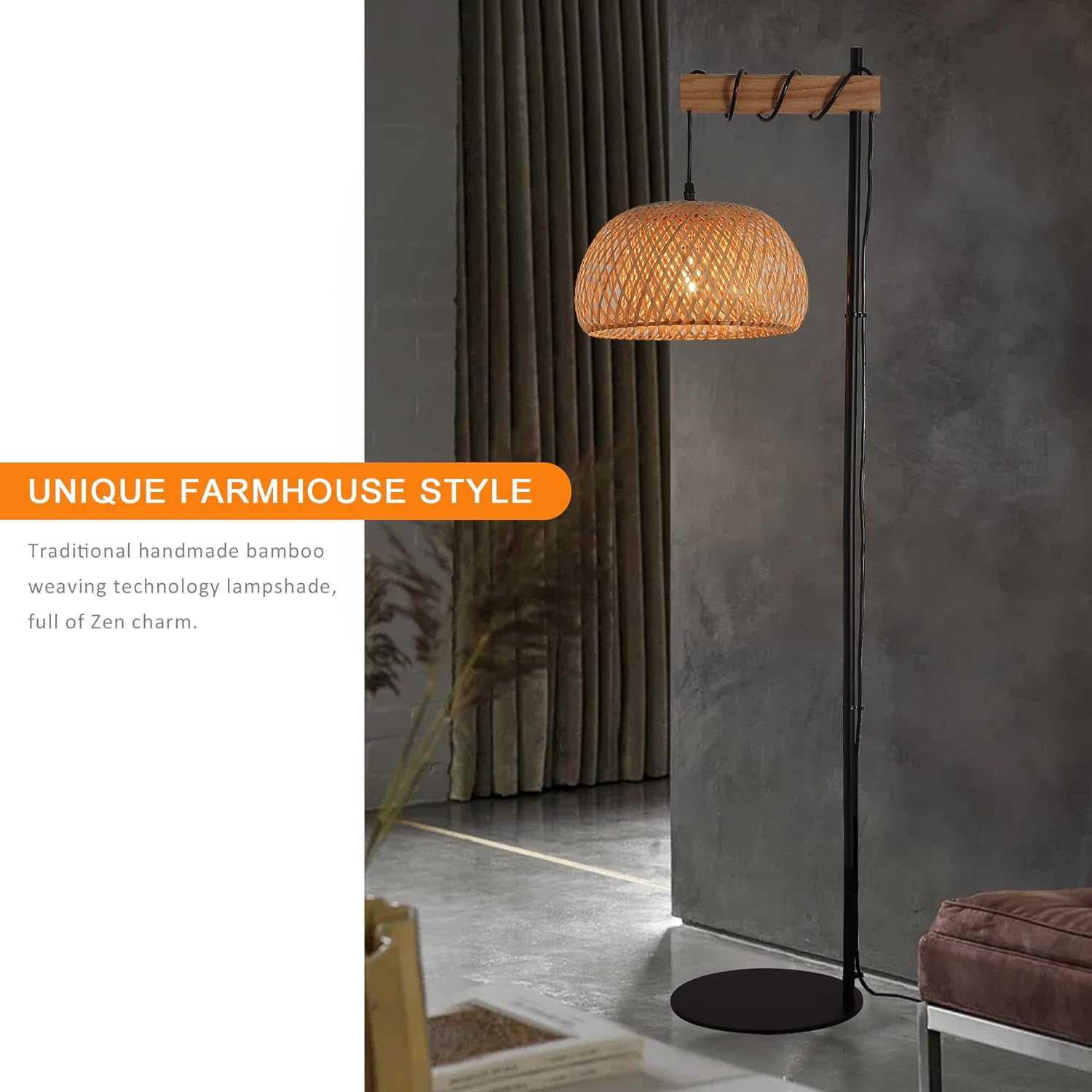Lampe sur pied en bois et rotin avec abat-jour en bambou 