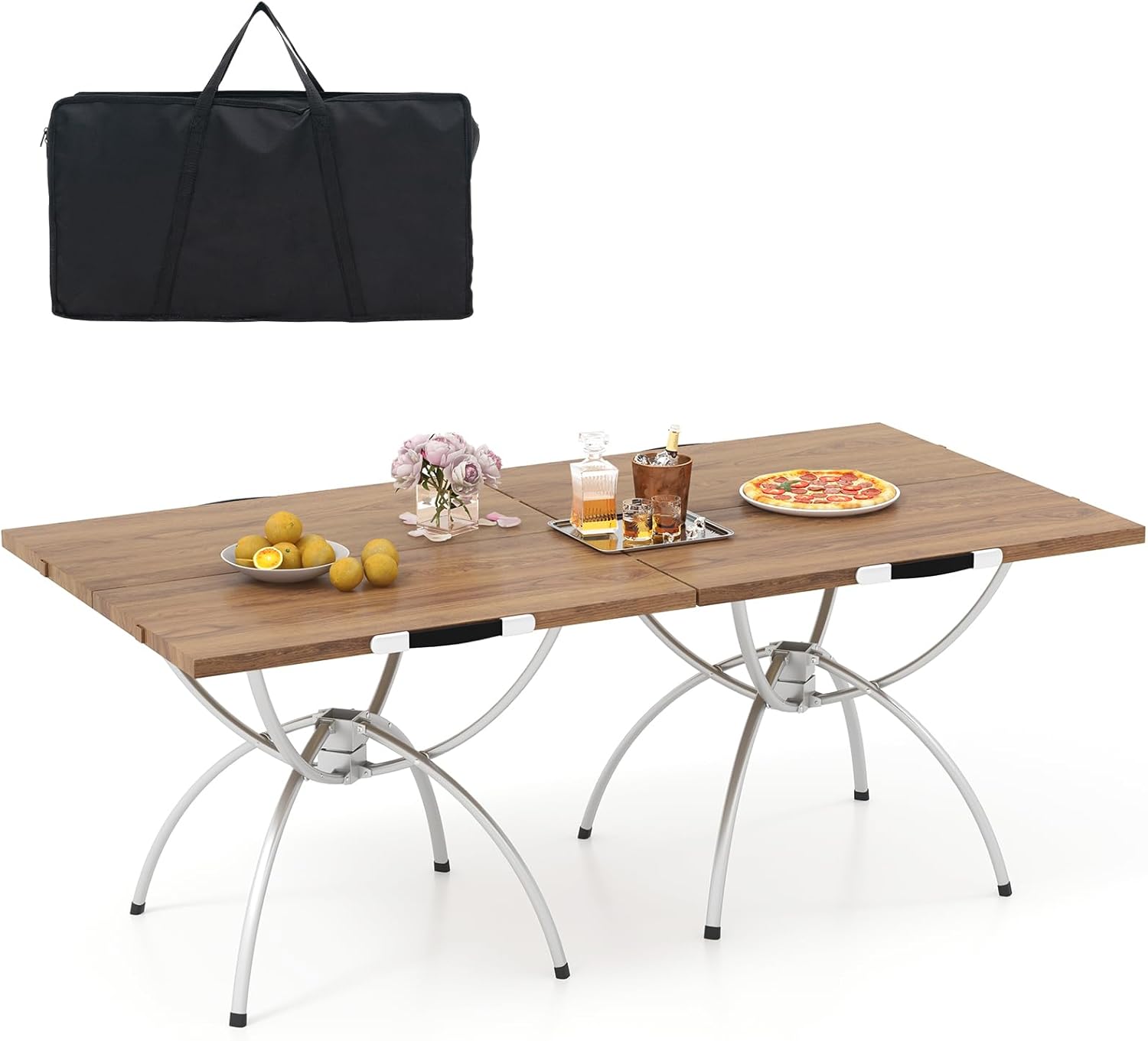 Zestaw 2 składanych stołów kempingowych, z aluminiową ramą o wyglądzie drewna, składany stół z torbą do przenoszenia, na wędrówki, piknik, kemping