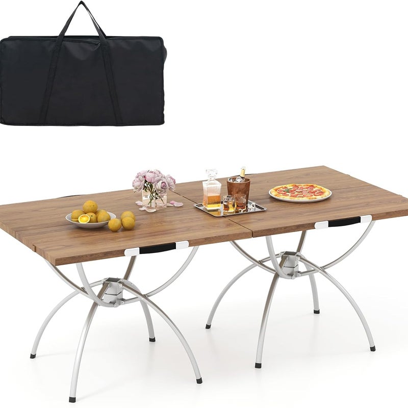 Zestaw 2 składanych stołów kempingowych, z aluminiową ramą o wyglądzie drewna, składany stół z torbą do przenoszenia, na wędrówki, piknik, kemping