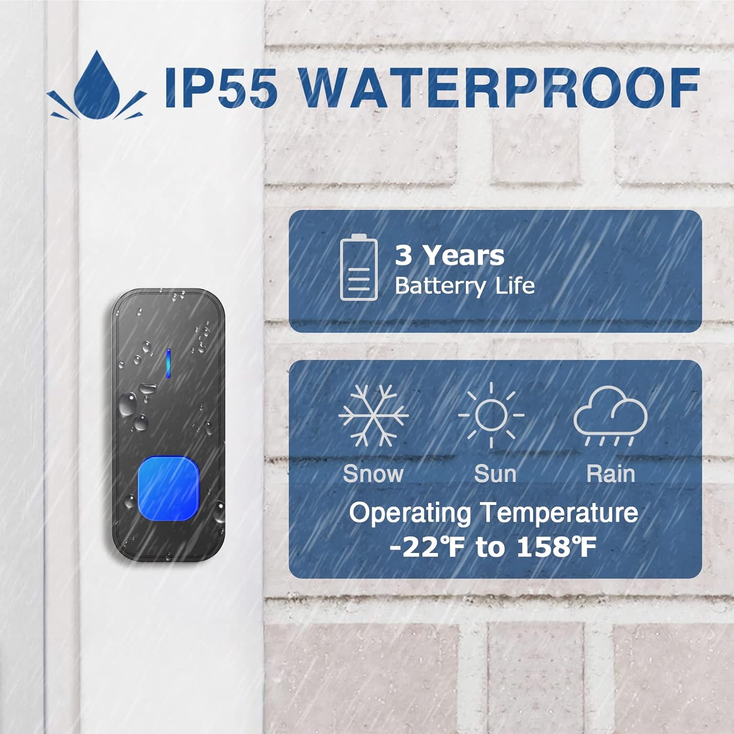 Sonnette sans Fil 400M Sonnette de Porte IP55 Étanche Carillon Electronique 55 Mélodies au 5 Niveaux Volumes LED Bleu Noir - 5