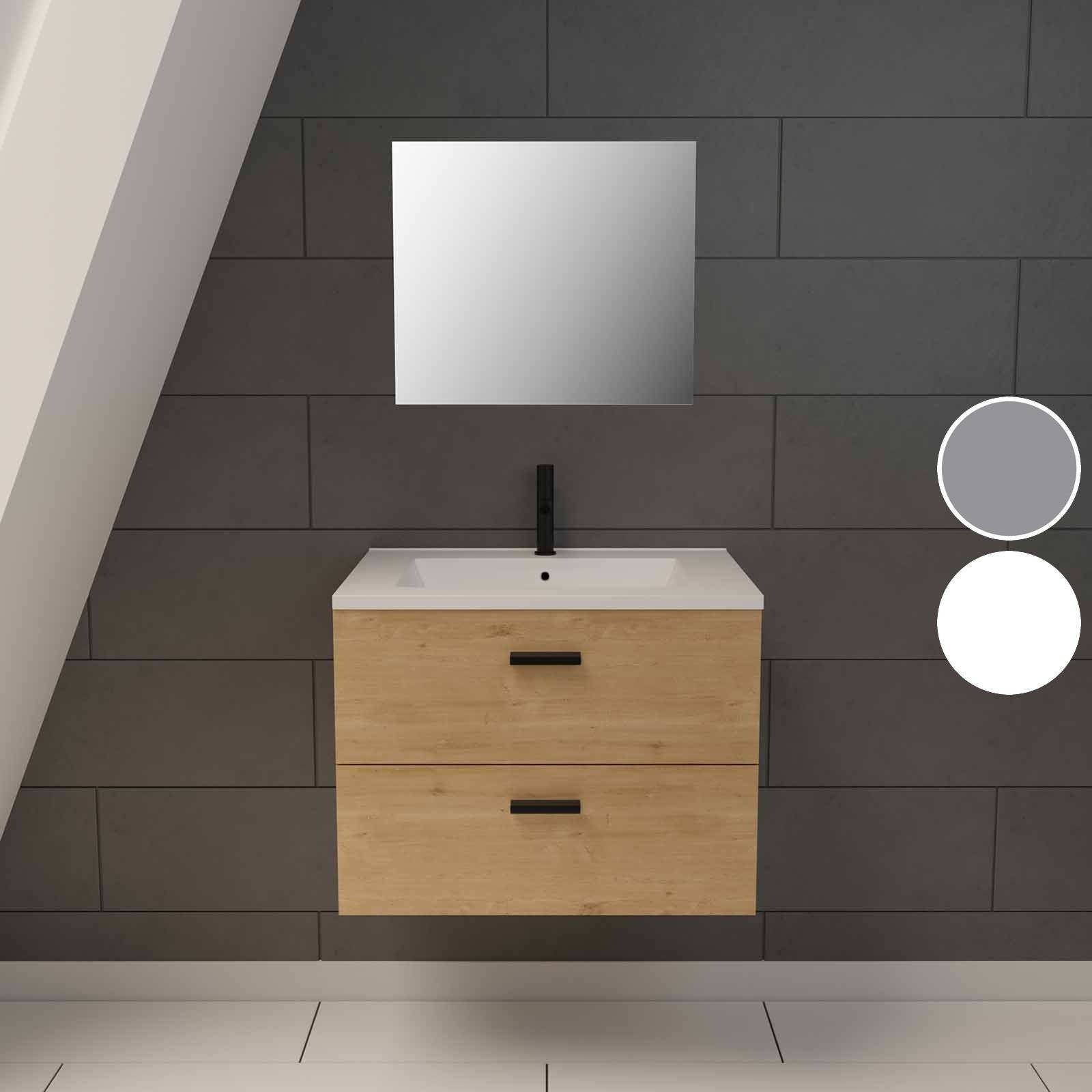 Meuble salle de bain 60 cm suspendu 2 tiroirs finition Bois avec vasque et miroir - BOX-IN 60 WOOD - 6