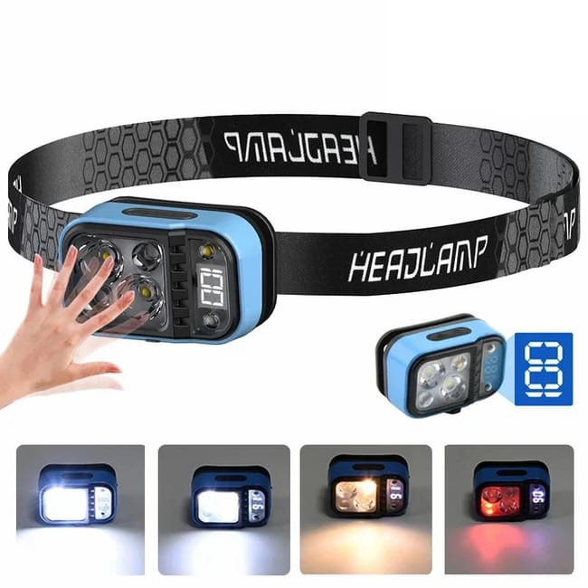 Lanternă frontală cu LED-uri reîncărcabilă prin USB, cu inducție, XPG + COB, lumină albă, lumină caldă, lanternă frontală portabilă cu lumină roșie
