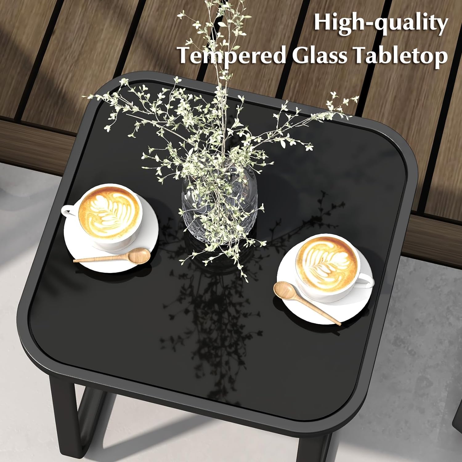 3Pcs Salon de Jardin 3 Personnes, Ensemble de 2 Chaises et de Table Basse en Verre Trempé, Salon de Bistrot avec Cadre Métallique - 4