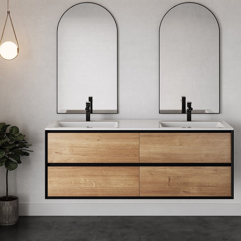 Szafka łazienkowa wisząca pod umywalkę - Naturalny jasny i czarny - 150 cm - LANNICK