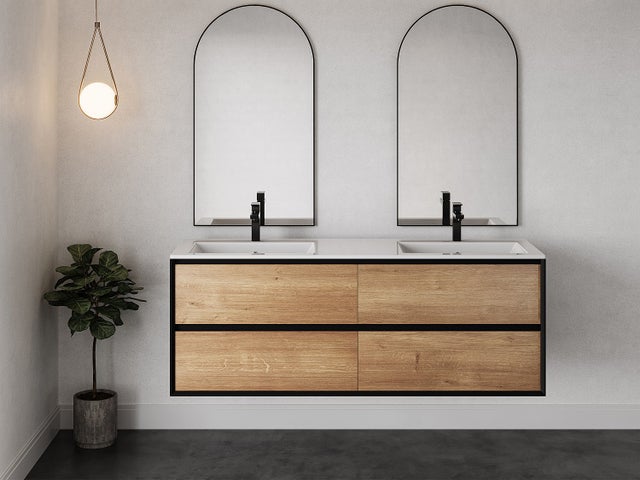 Meuble sous vasque suspendu - Coloris naturel clair et noir - 150 cm - LANNICK