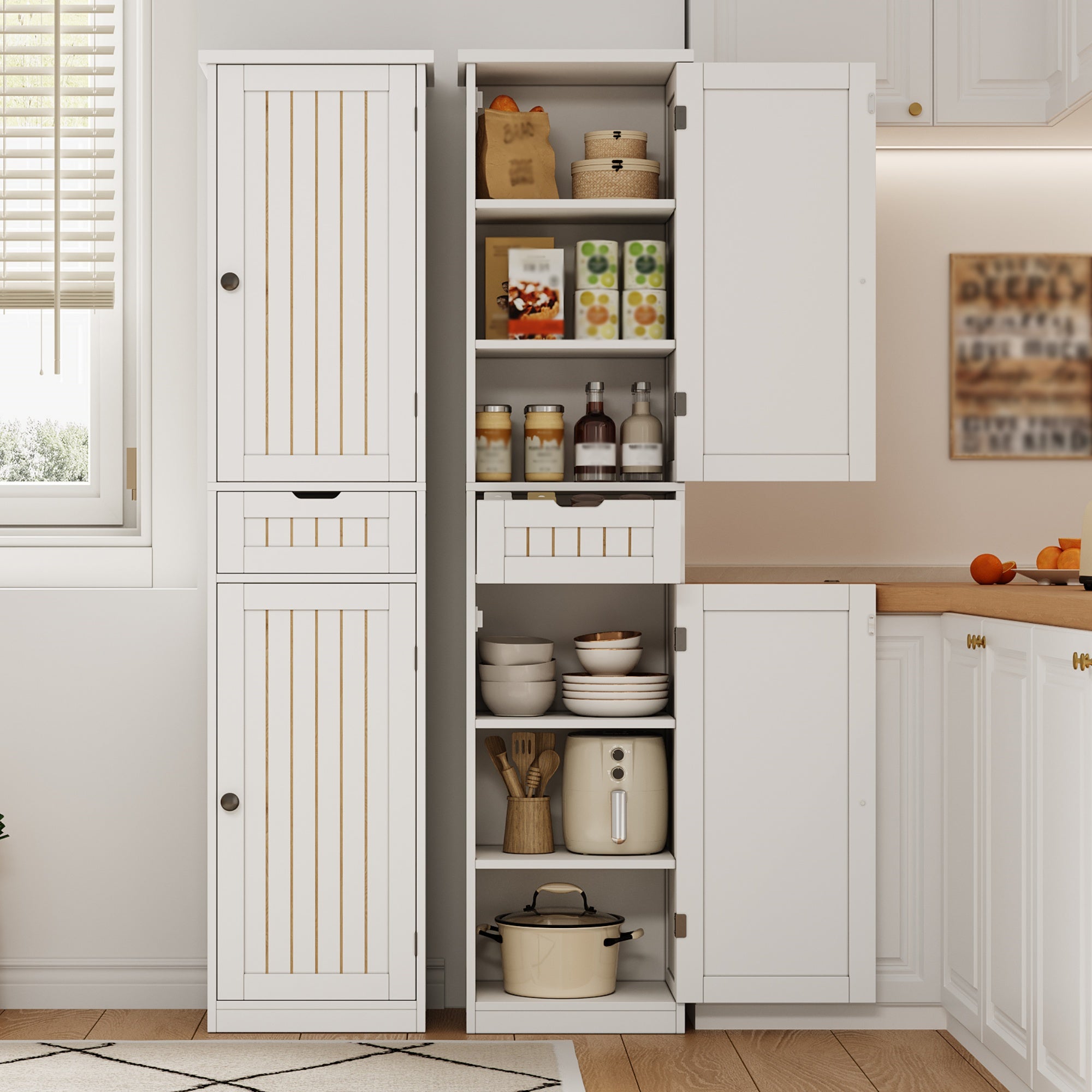 Colonne de rangement avec 2 portes, 1 tiroir et 4 étagères réglables, buffet de cuisine - 40 x 30 x 170 cm - MDF - Blanc - 8
