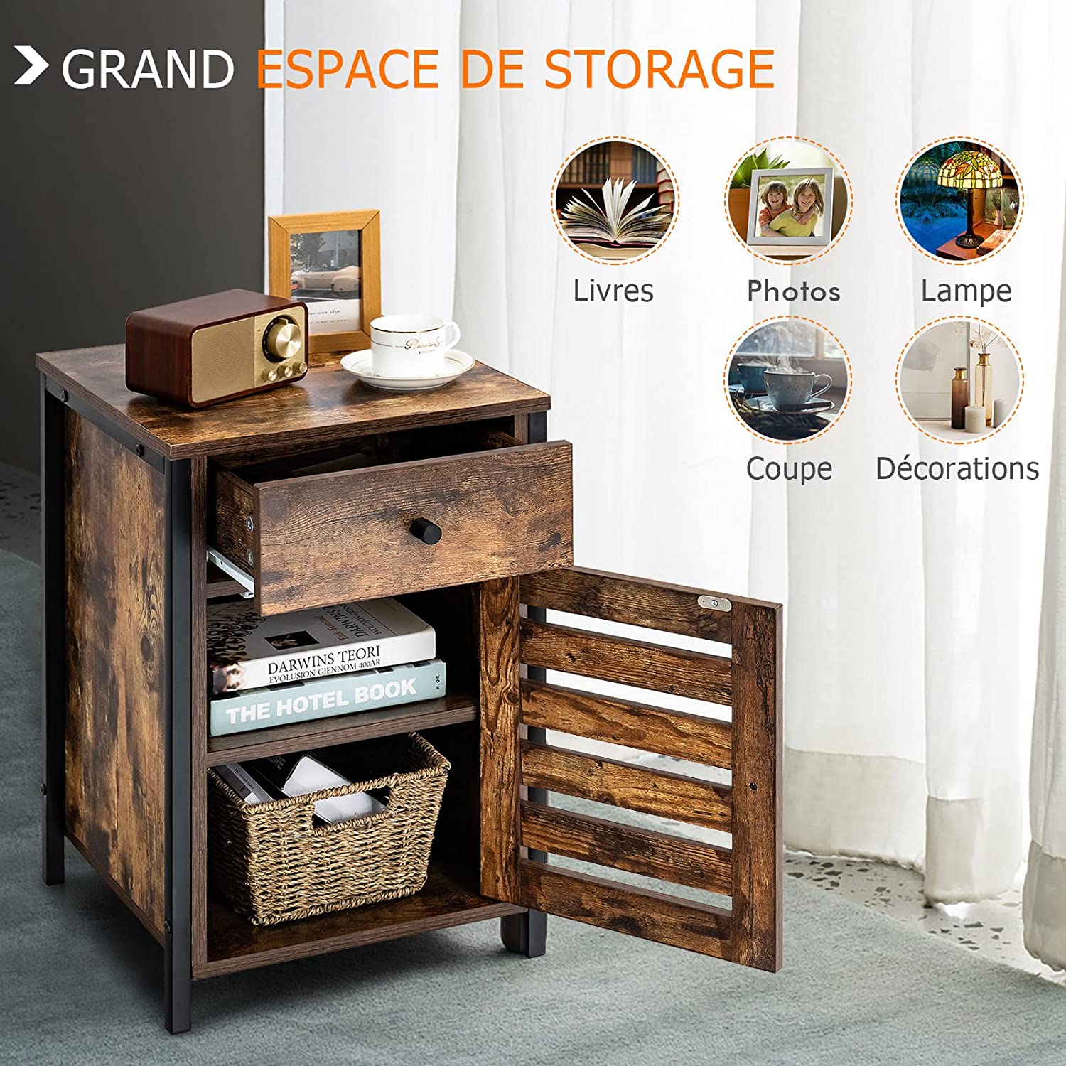 Comodino in Stile Industriale, Tavolino da Salotto con Anta e Cassetto, Armadietto con Ripiano Regolabile in Altezza, per Salone, Camera da Le - 2