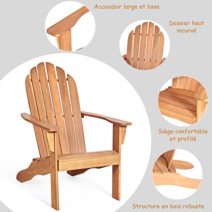 Chaise de Jardin Adirondack en Bois Résistant aux Intempéries avec Dossier Incurvé Charge 170KG Naturel - 2