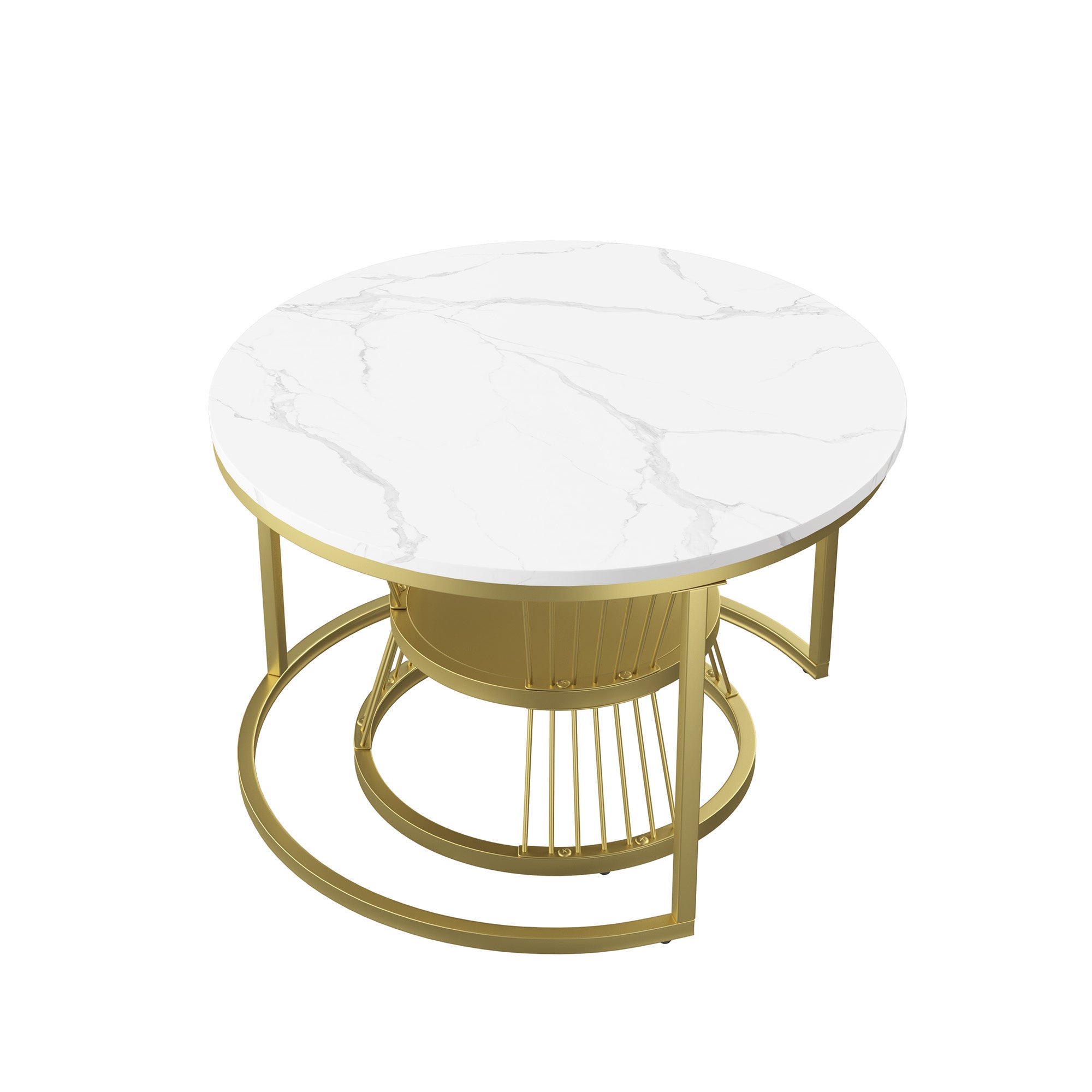 Tables Basses, Lot de 2, COZY, Rondes, Blanches, Plateau Marbré Brillant, Pieds Anti-Rayures, Cadre en Doré, Design moderne - 2
