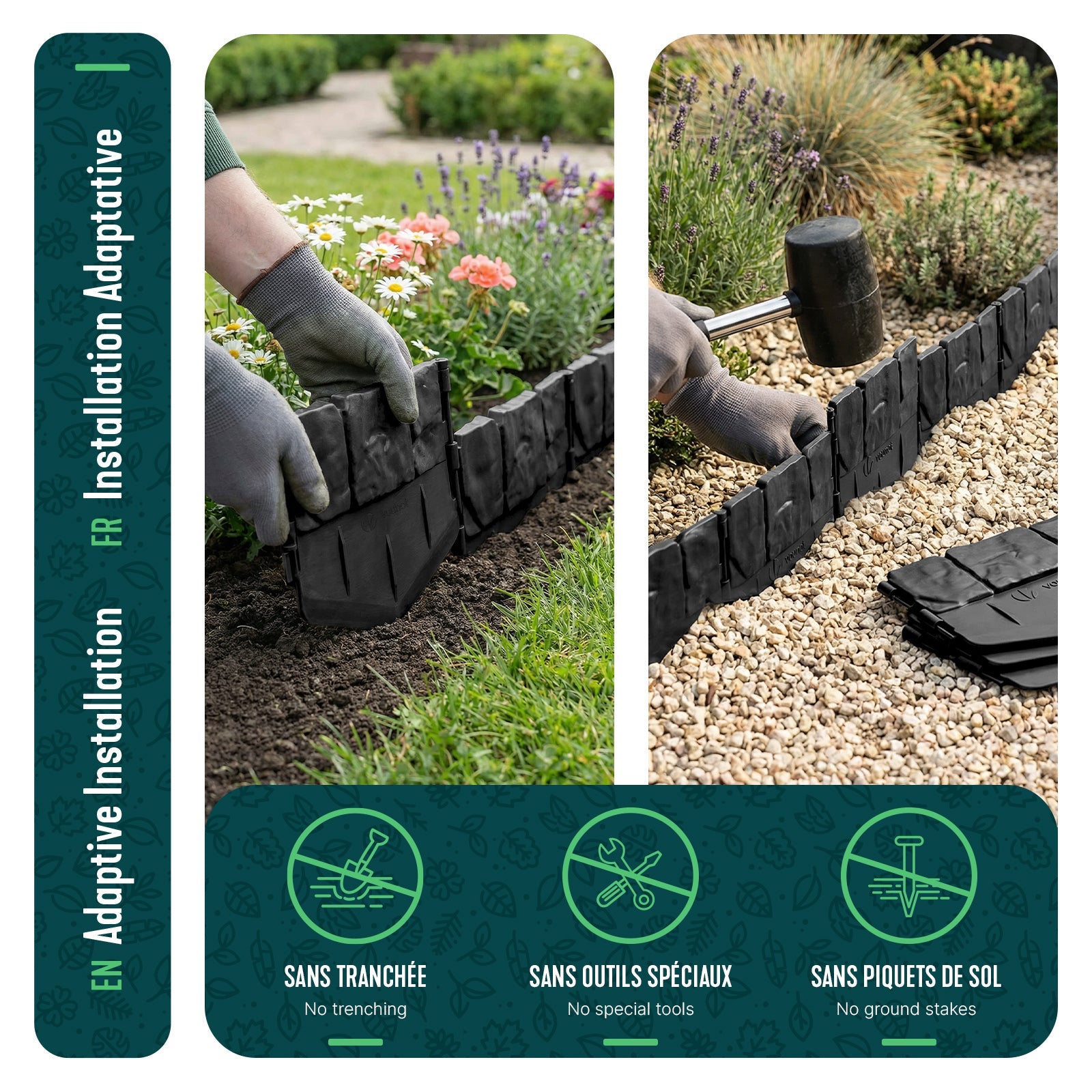 Bordure de jardin imitation pierre 26.7m noir - hauteur 14cm - clôture gazon décorative ultra résistant - lot de 175 - VOUNOT® - 6