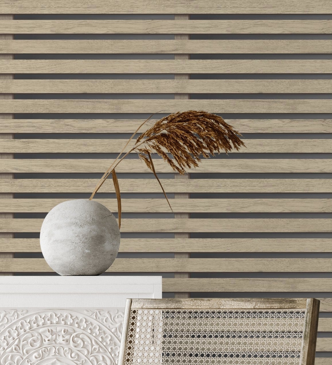 Papier peint baguettes de bois naturel en panneaux sur fond foncé - Thabo 681958 de GAULAN - Rouleaux de 10 m x 0,52 m - 7