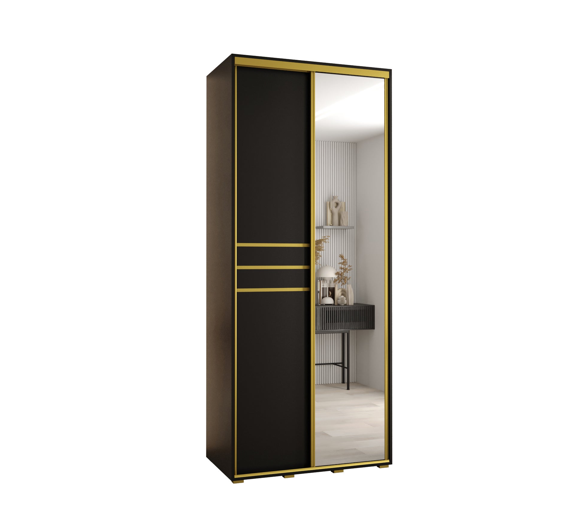 Szafa przesuwna z lustrem wysoka Davos 11 100 x 45 x 235,2 cm czarny + czarny + u. złoty - Abiks Meble