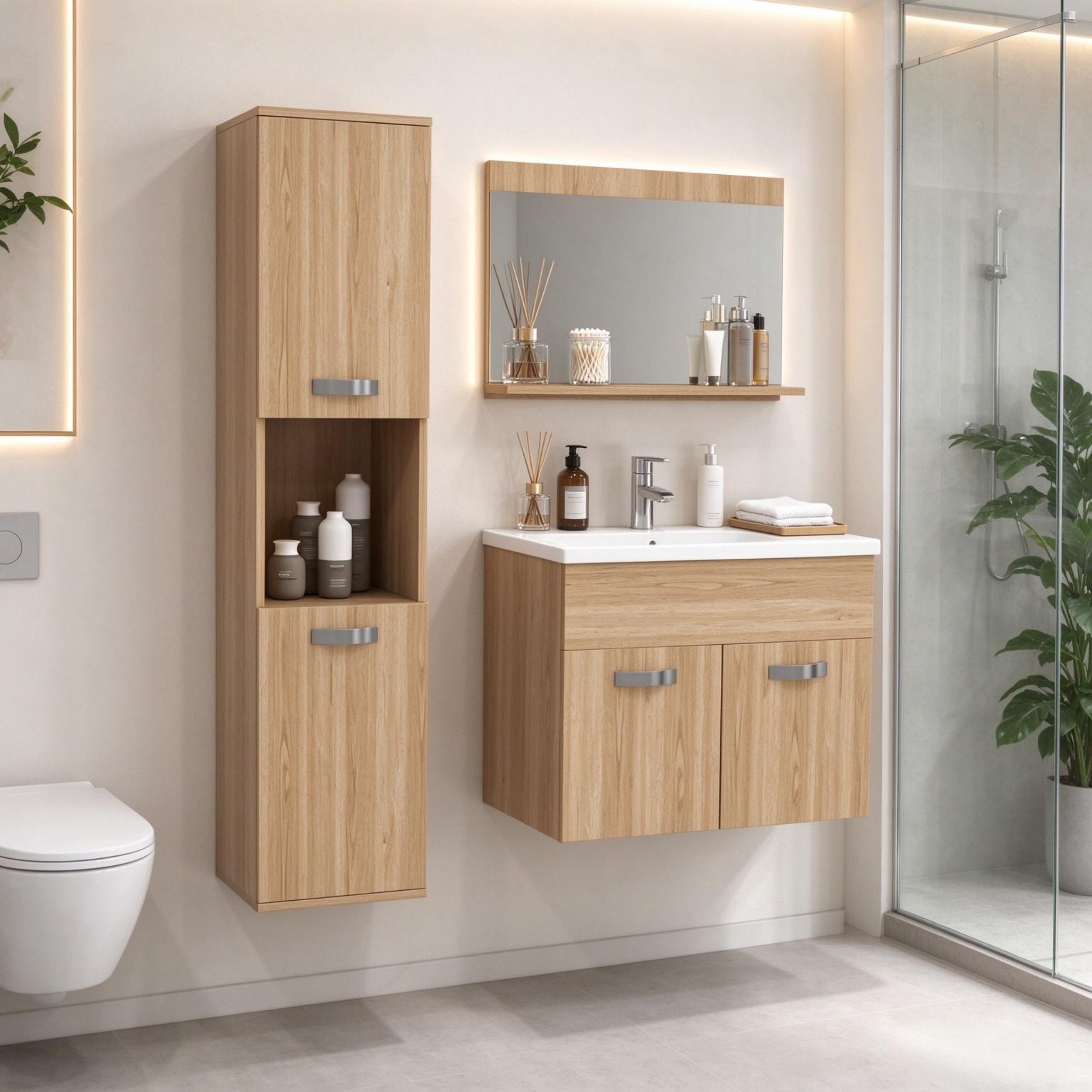 Ensemble salle de bain suspendu 4 pièces avec miroir, meuble vasque ...