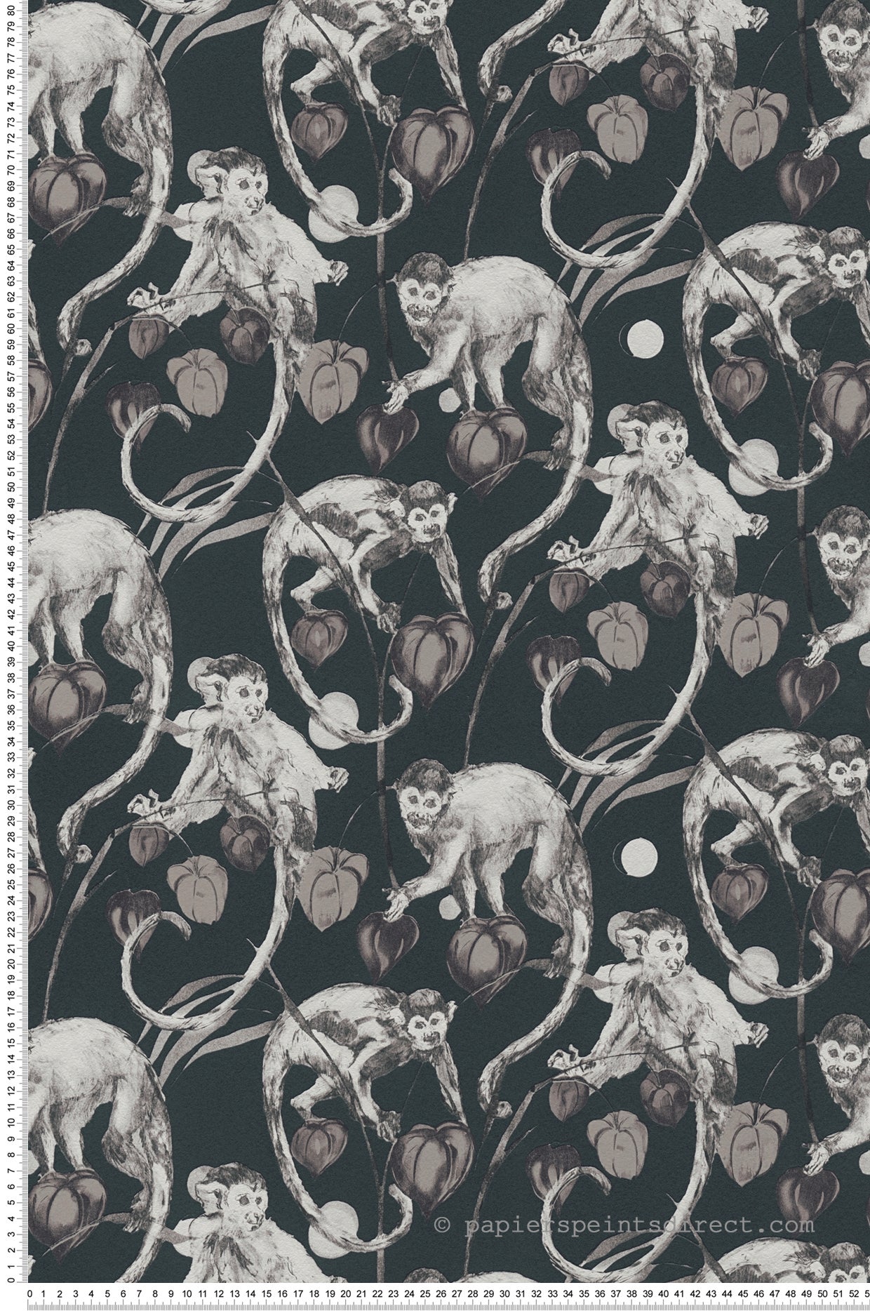 Papel pintado negro con estampado blanco papel pintado animales y plantas estilo retro papel pintado palmeras, monos y hojas