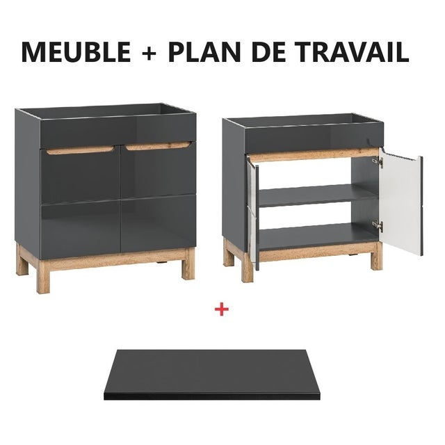 Meuble sous lavabo de salle de bain avec pieds - Graphite brillant - L80-H84-P45,5 - JAVA + Plan de vasque en bois NOIR MAT L-60-P46-H2,5