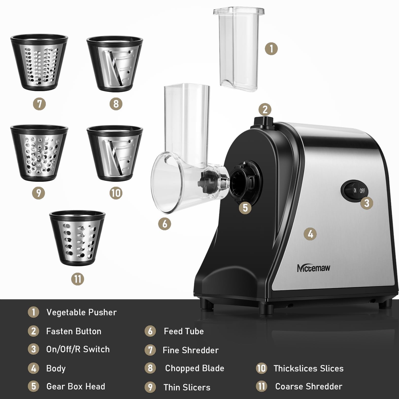 COOCHEER Taglia Verdure Elettrico 250W, Tagliaverdure Grattugia Multifunzione Affettaverdure con 5 Tamburi di Taglio in Acciaio Inox per una Preparazi - 3