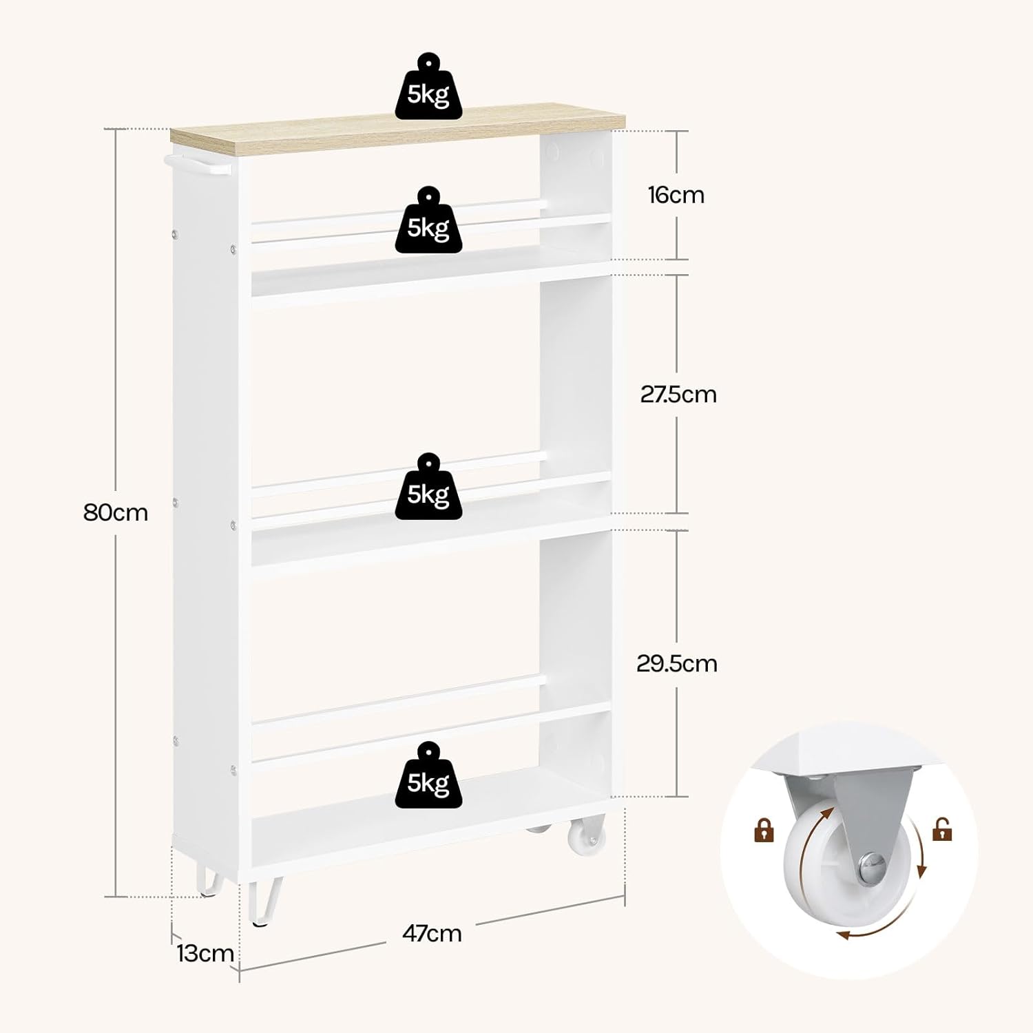 Chariot de Rangement WOLTU, Desserte à roulettes avec Poignée et Freins, à 3 Niveaux, 47x80x13 cm, Chêne Clair + Blanc - 4