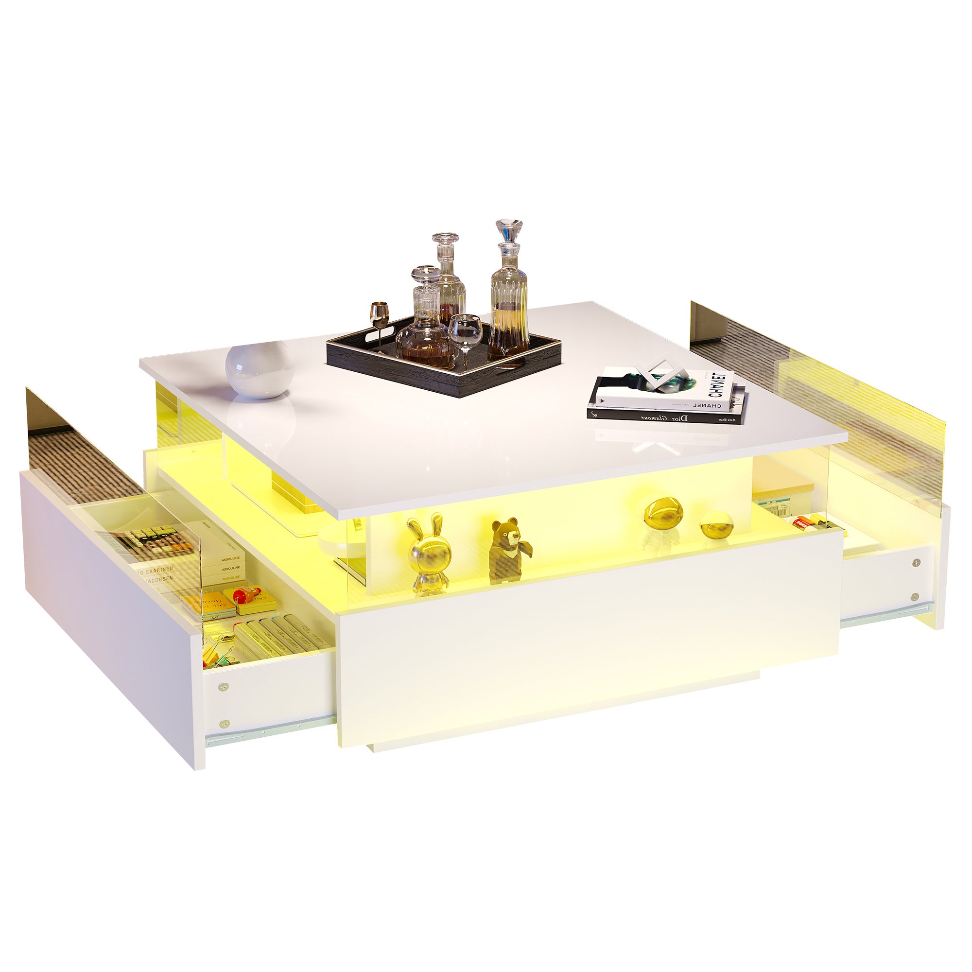 Mesa De Centro LED 70x70x41 Cm - Blanca De Alto Brillo, Con 2 Cajones, Área Transparente Y Luces RGB, Soporta 30 Kg