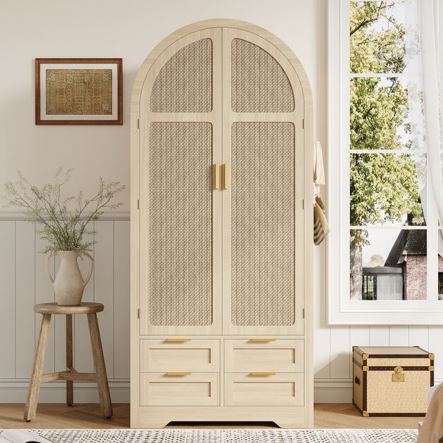 Armoire moderne 80x50x179 cm - 2 portes cintrées en rotin - 4 tiroirs - avec tringle à vêtements - MDF - Naturel