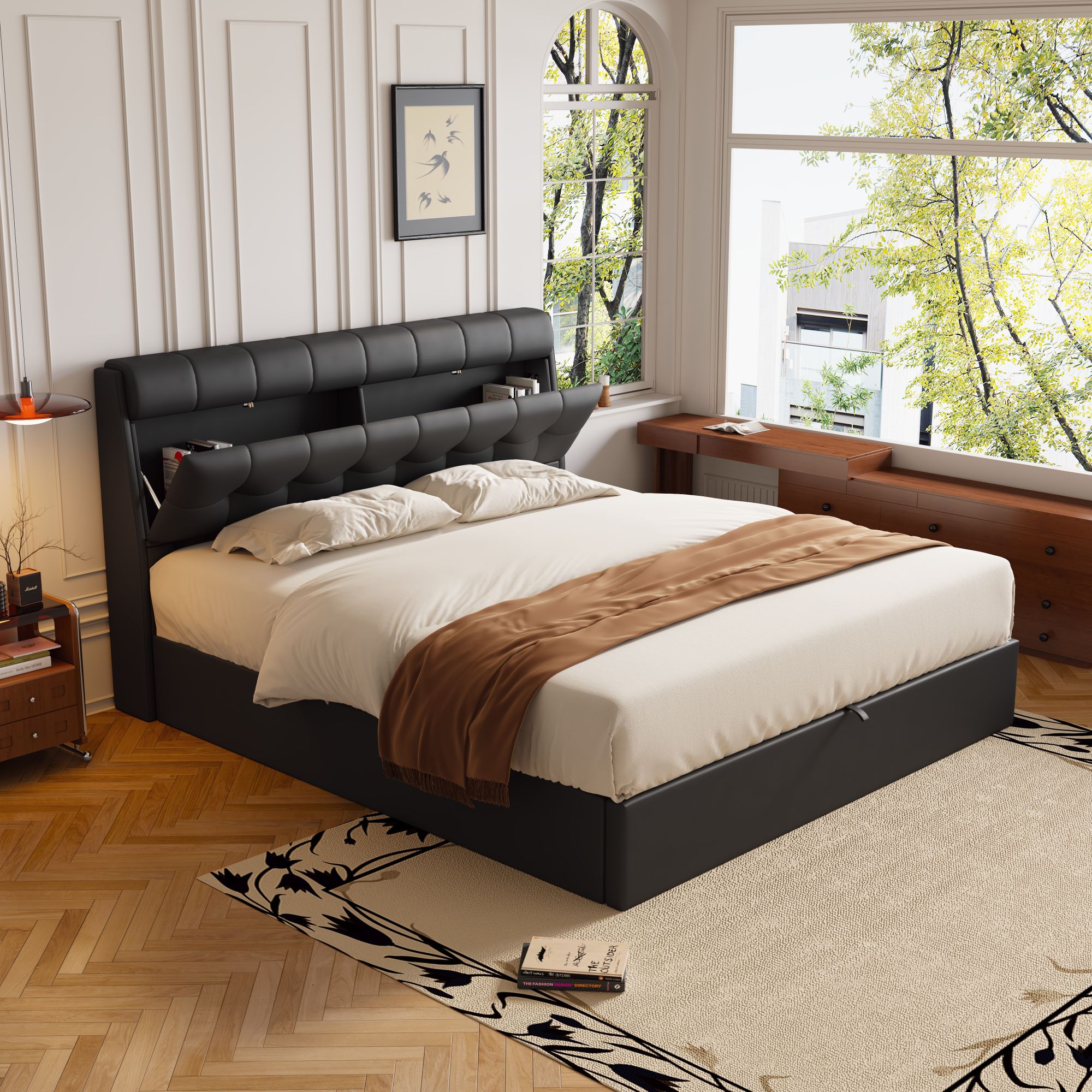Lit coffre 140 x 200 cm avec tête de lit rangement - LEDs - Cuir PU - Noir (sans matelas) - 2