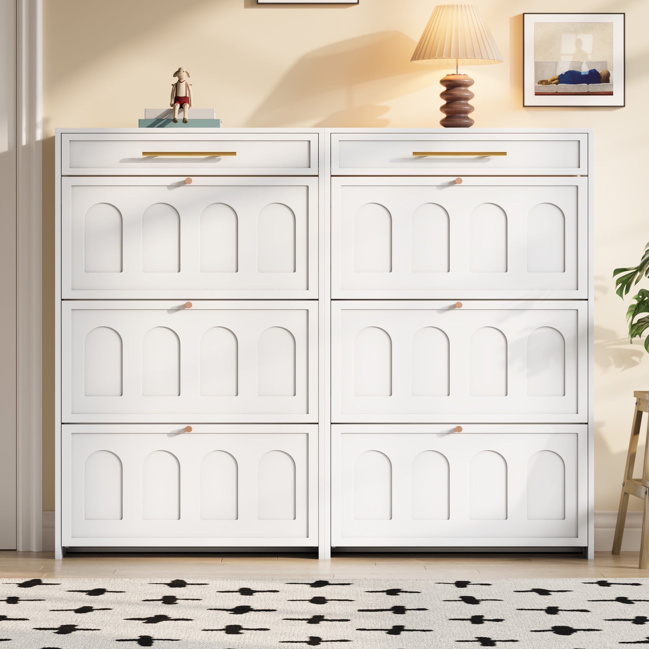 Nowoczesna szafka na buty 70 x 25 x 123,5 cm - 3 drzwi opuszczane i 1 szuflada - 6 półek - MDF - Biały