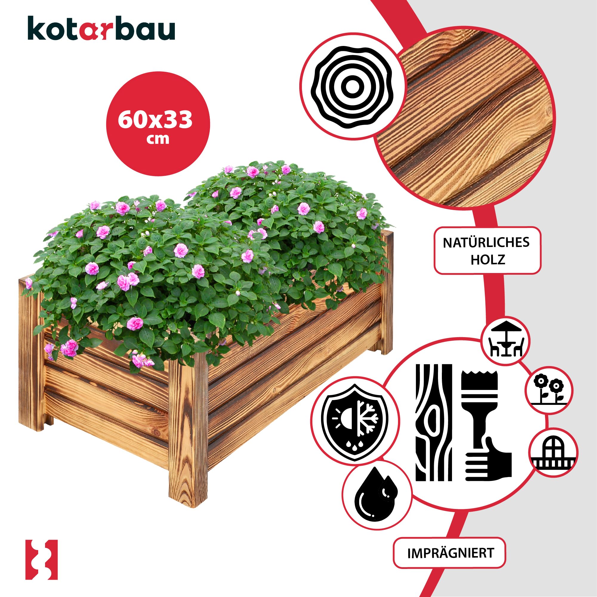 Pot de Fleurs en Bois 60 x 33 x 25 cm Jardinière en Pin Carbonisé Pot de Plantes Jardinière - Idéal pour Jardin Terrasse Balcon - KOTARBAU - 4