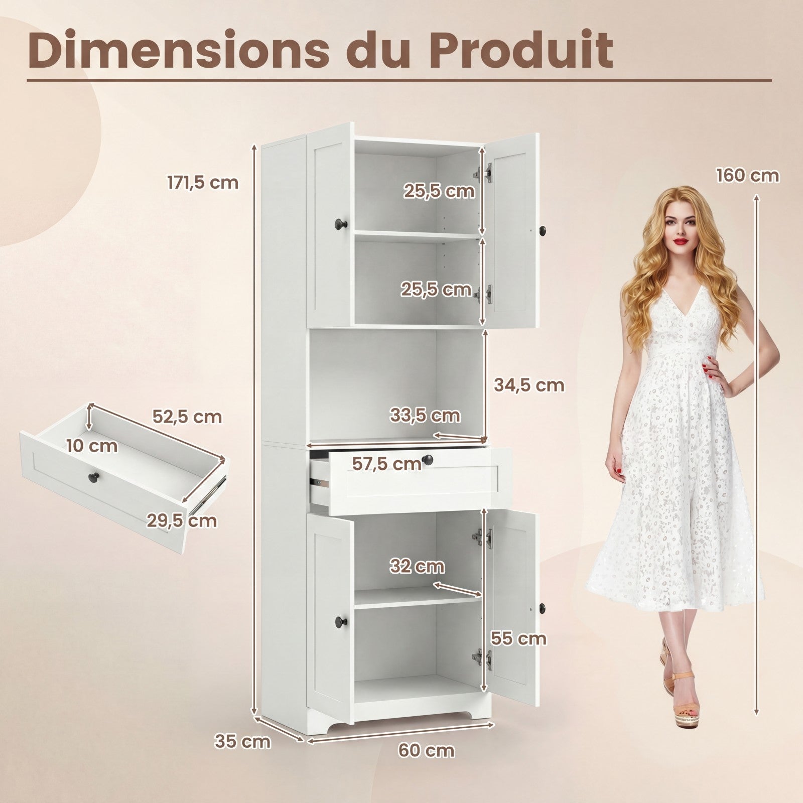 Mobiletto da Bagno Alto 171,5 CM, Armadietto da Terra con 4 Ante e 1 Cassetto, Vano Aperto, Ripiani Regolabili, Organizer Moderno in Legno per Bagno - 3