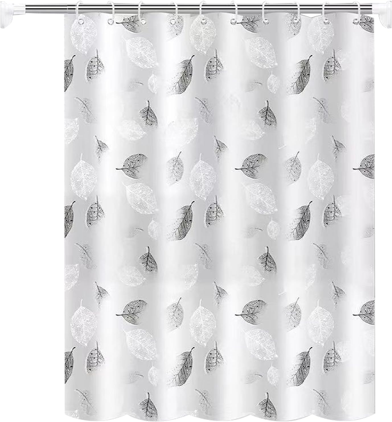 Zasłona prysznicowa 180x200cm szara, antypleśniowa, z białym wzorem liści, separacja mokre/suche, z 12 haczykami na zasłonę