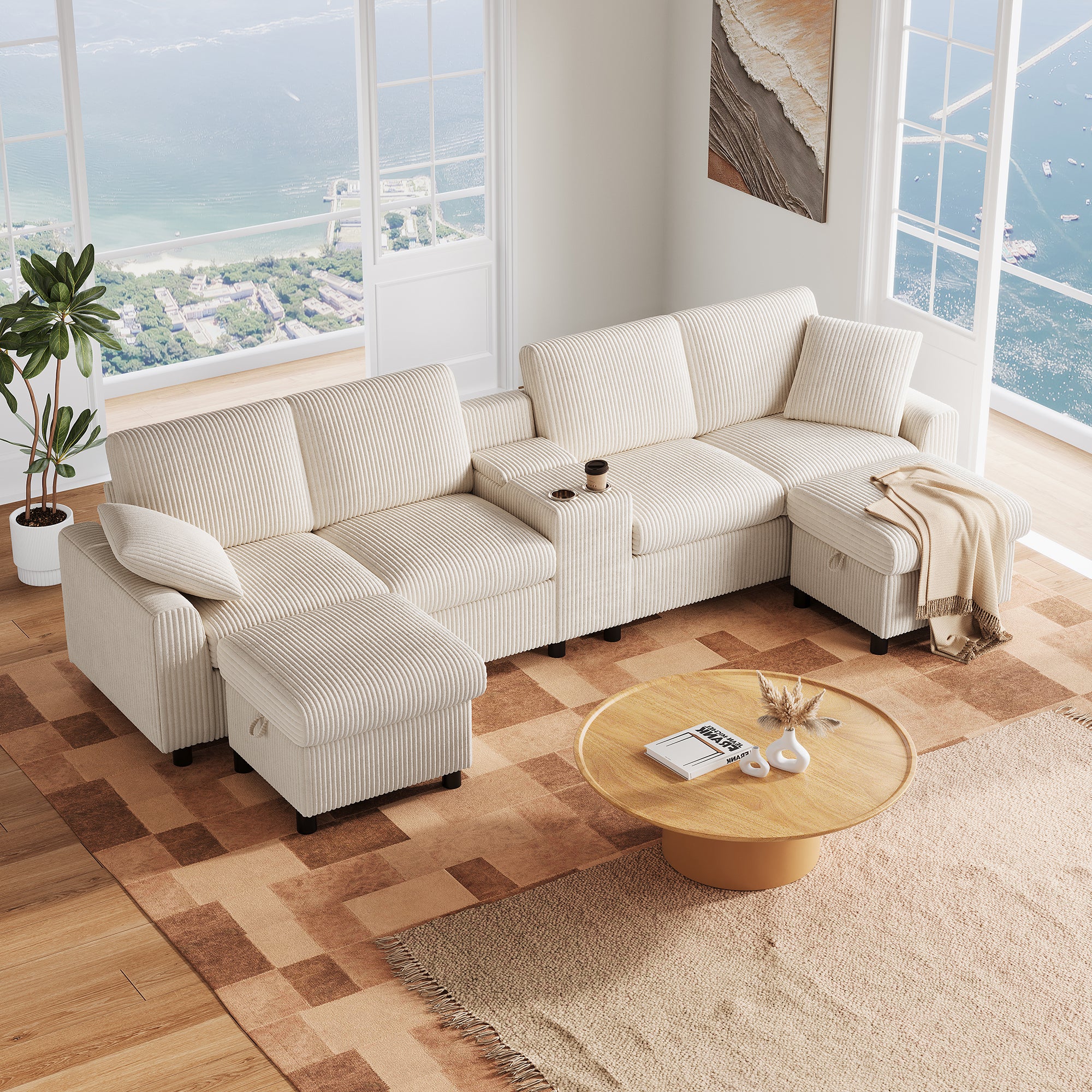 Canapé d’angle en U Yihomfy beige de 315 cm avec deux poufs, ASIN B0GLH33CNH