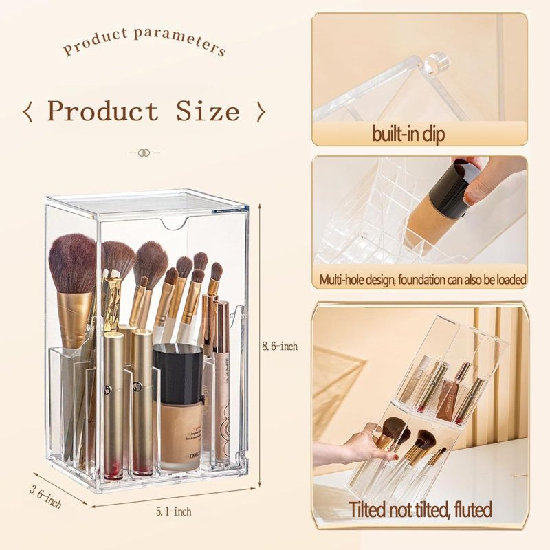 Boîte de rangement pour pinceaux de maquillage grande capacité, anti-poussière, avec couvercle, organisateur de bureau. - 4