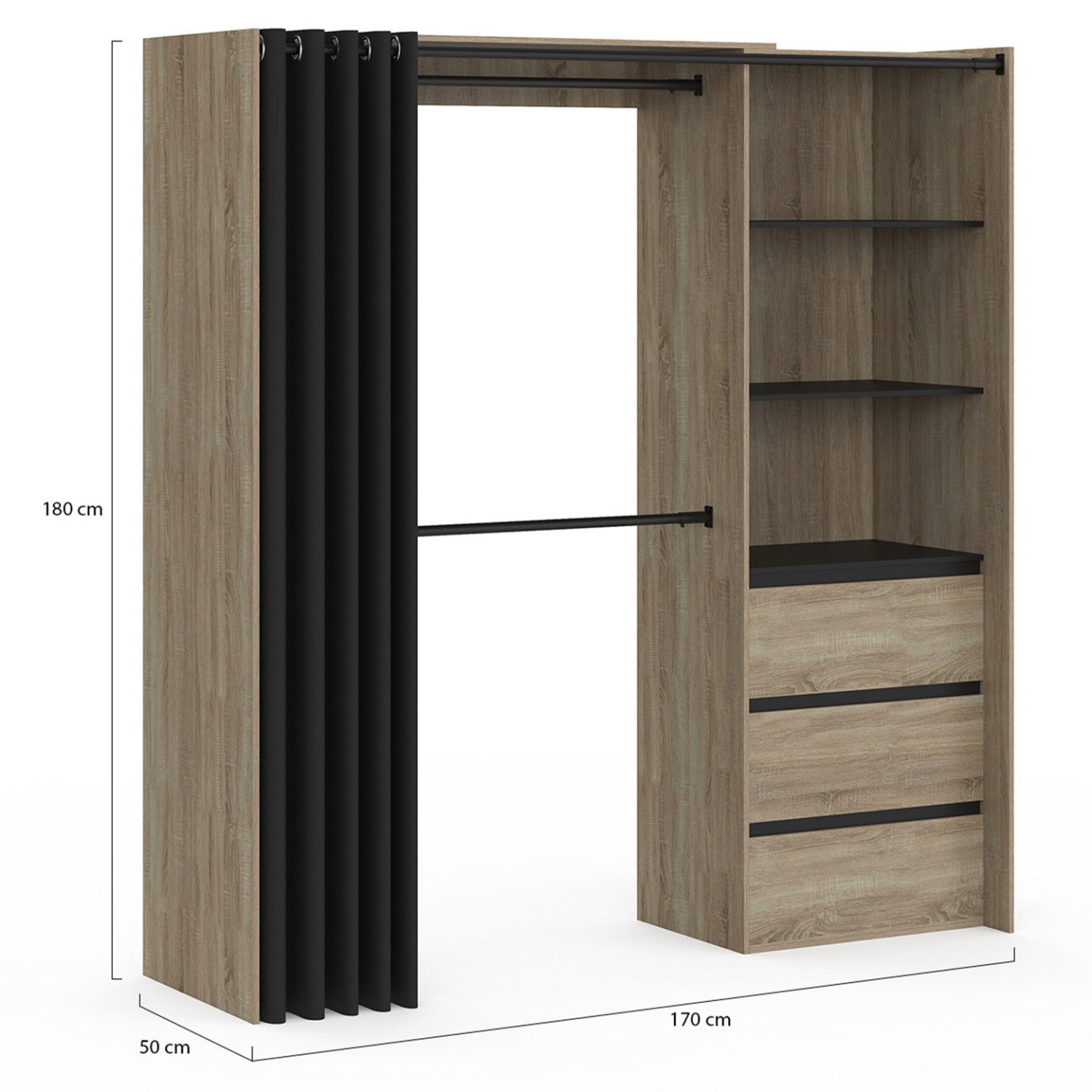 Dressing extensible MARTY 120/170 x 50 x 180 cm hêtre avec 3 tiroirs + étagères + double penderie + rideau noir - 3