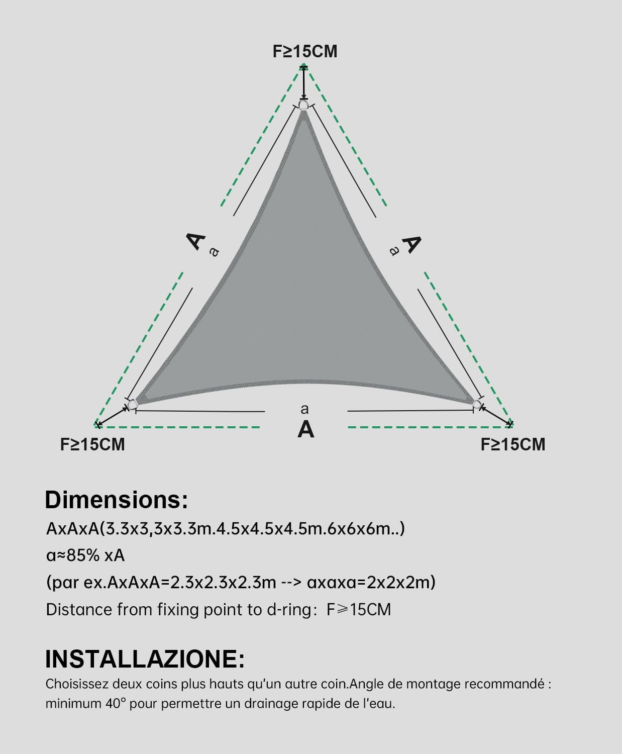 Voile d'ombrage Triangulaire 3.6x3.6x3.6m Imperméable à l'eau PES Toile d'ombrage Gris avec 95% de Protection UV pour Patio Extérieur Jardin - 2