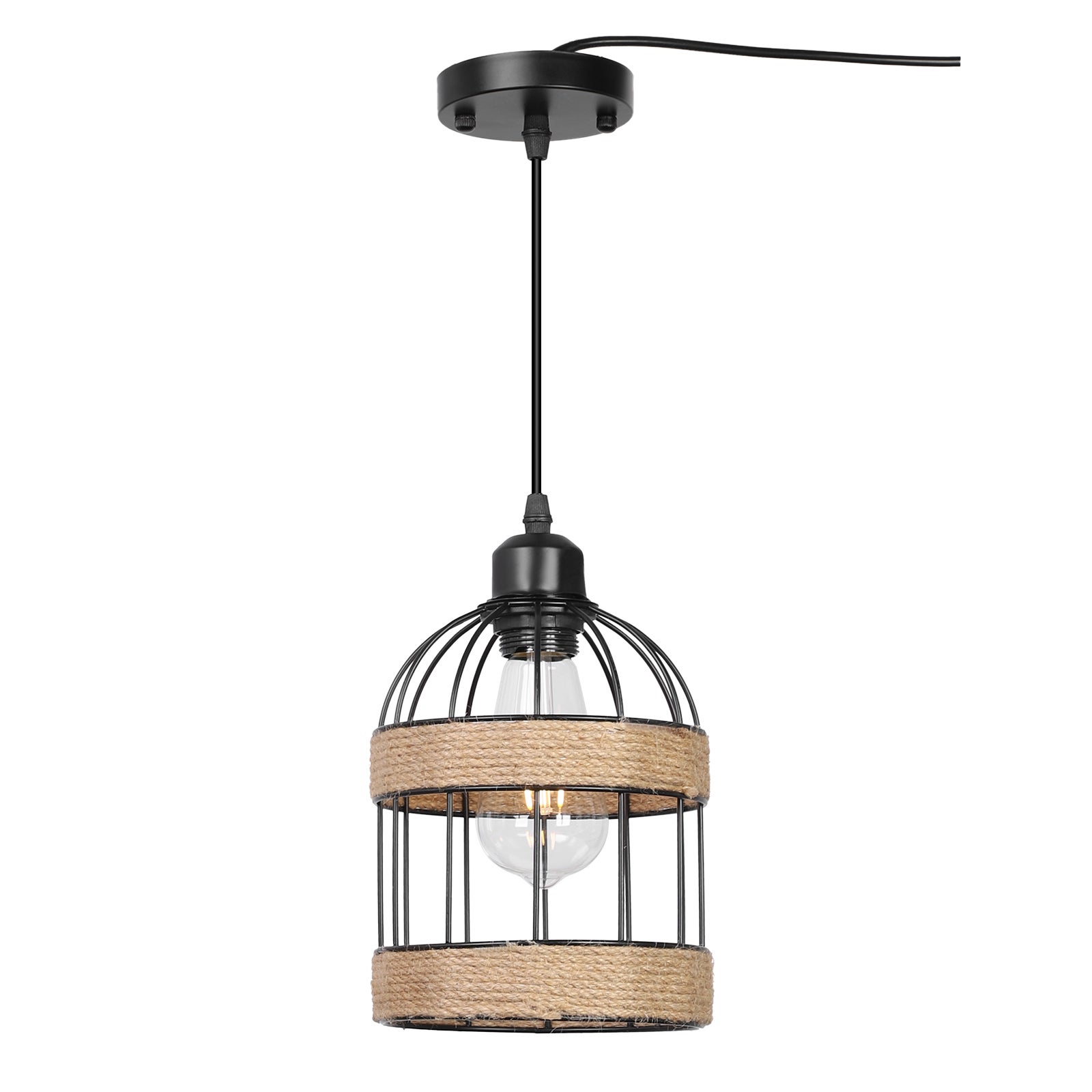 Lampa wisząca z rattanu, żyrandol z ręcznie wykonaną klatką mała lampa wisząca w stylu rustykalnym do kuchni z wyspą Jadalnia(Żarówka E27 w zestawie) - 6