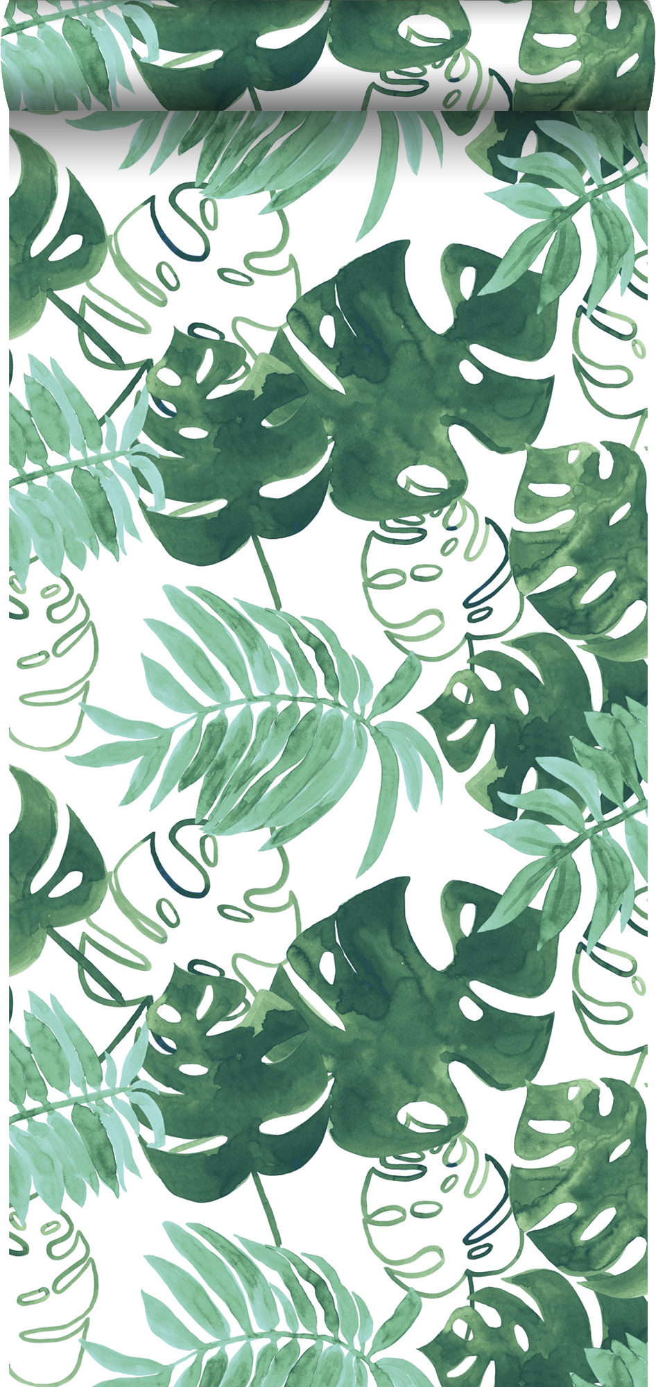 Papel pintado hojas de la selva tropical pintadas verde esmeralda intenso - 53 cm x 10,05 m - estahome