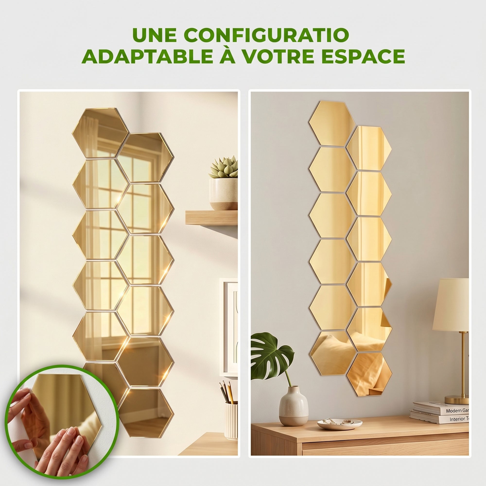 12 stickers miroirs hexagones or - 20x17cm - Autocollants stickers adhésifs effet miroir - 8