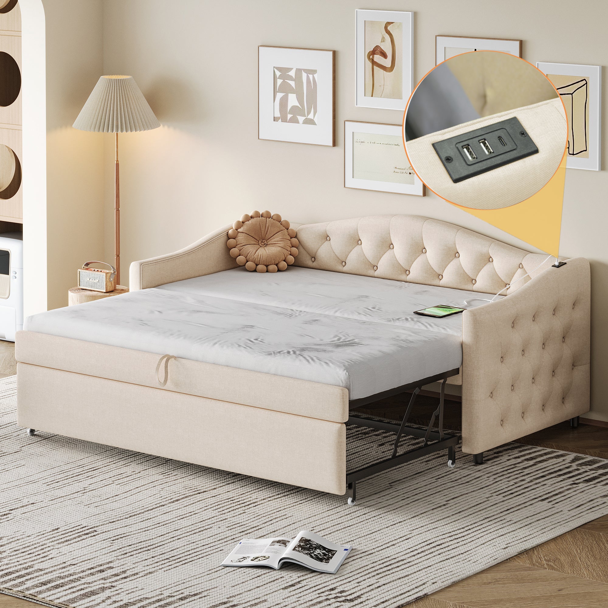 Lcoho Letto Imbottito In Lino 90x200 Cm Con Letto Estraibile 90x190 Cm, LED, Bluetooth, Ricarica USB E C, Testiera L Con Ripiano